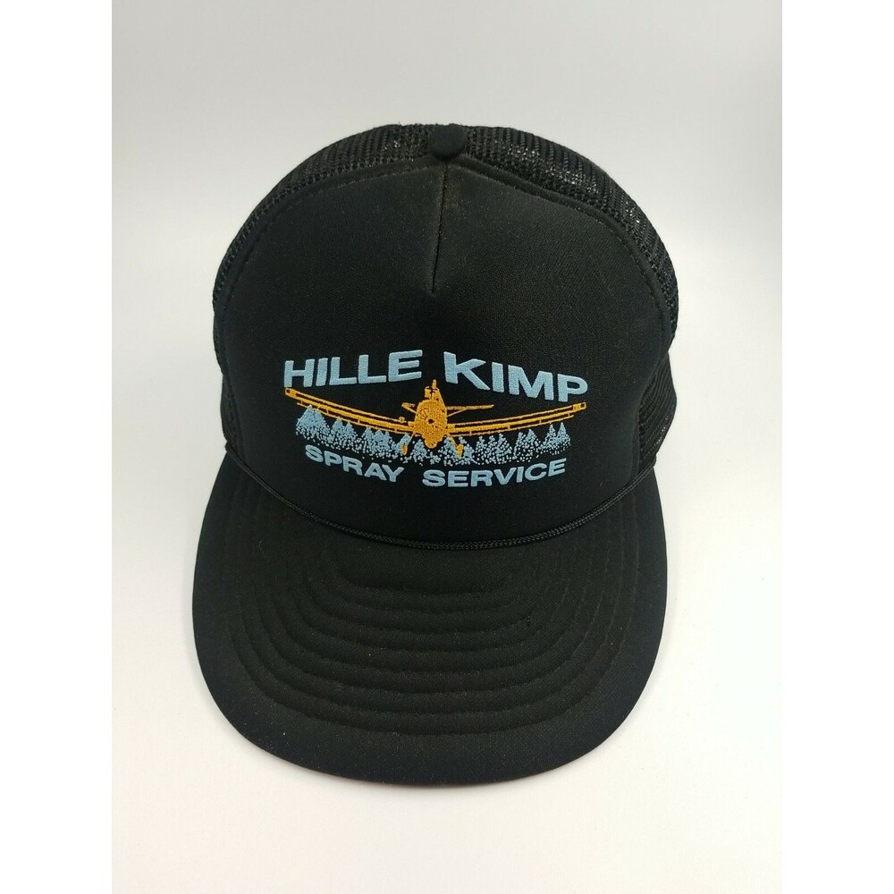 Vintage Trucker Hat Corded Black Strapback Hille Kimp Spray Service Airplane H1